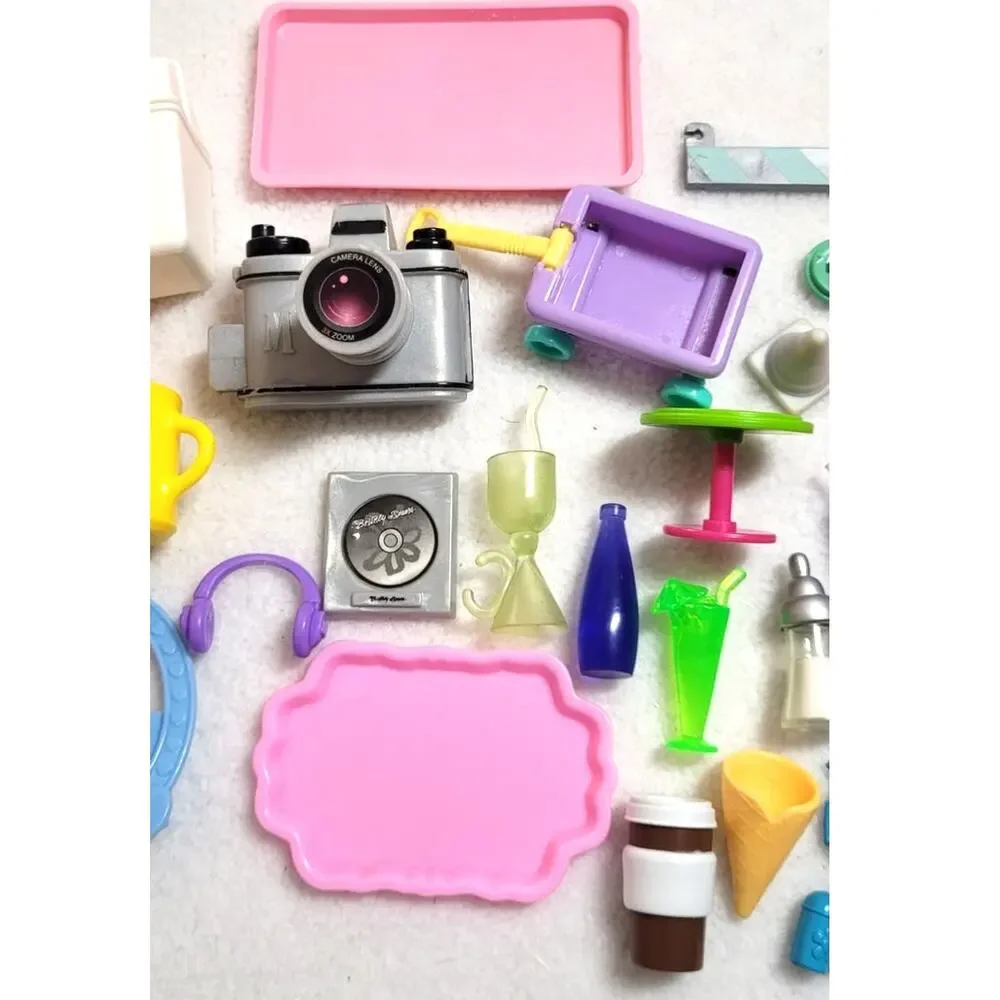 30+ Pc Barbie Dollhouse Accessories Lot Camera Frame Bag Drinks Computer Wagon